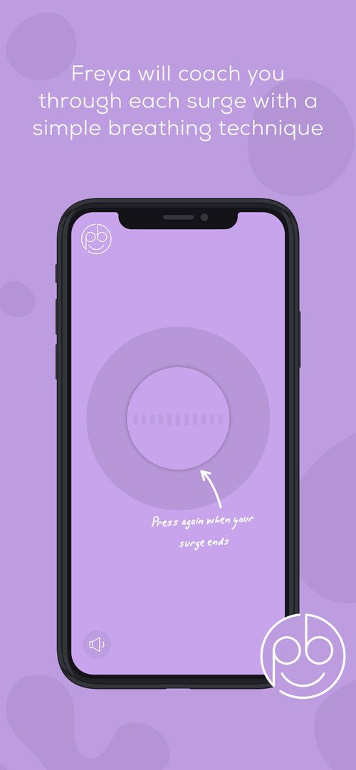 Freya app screenshot: 'Freya will coach you through each surge with a simple breathing technique.'